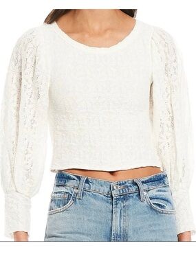 Free People Jasmine Tea Time Cream Textured Puff-Sleeve Knit Top Keyhole Back
